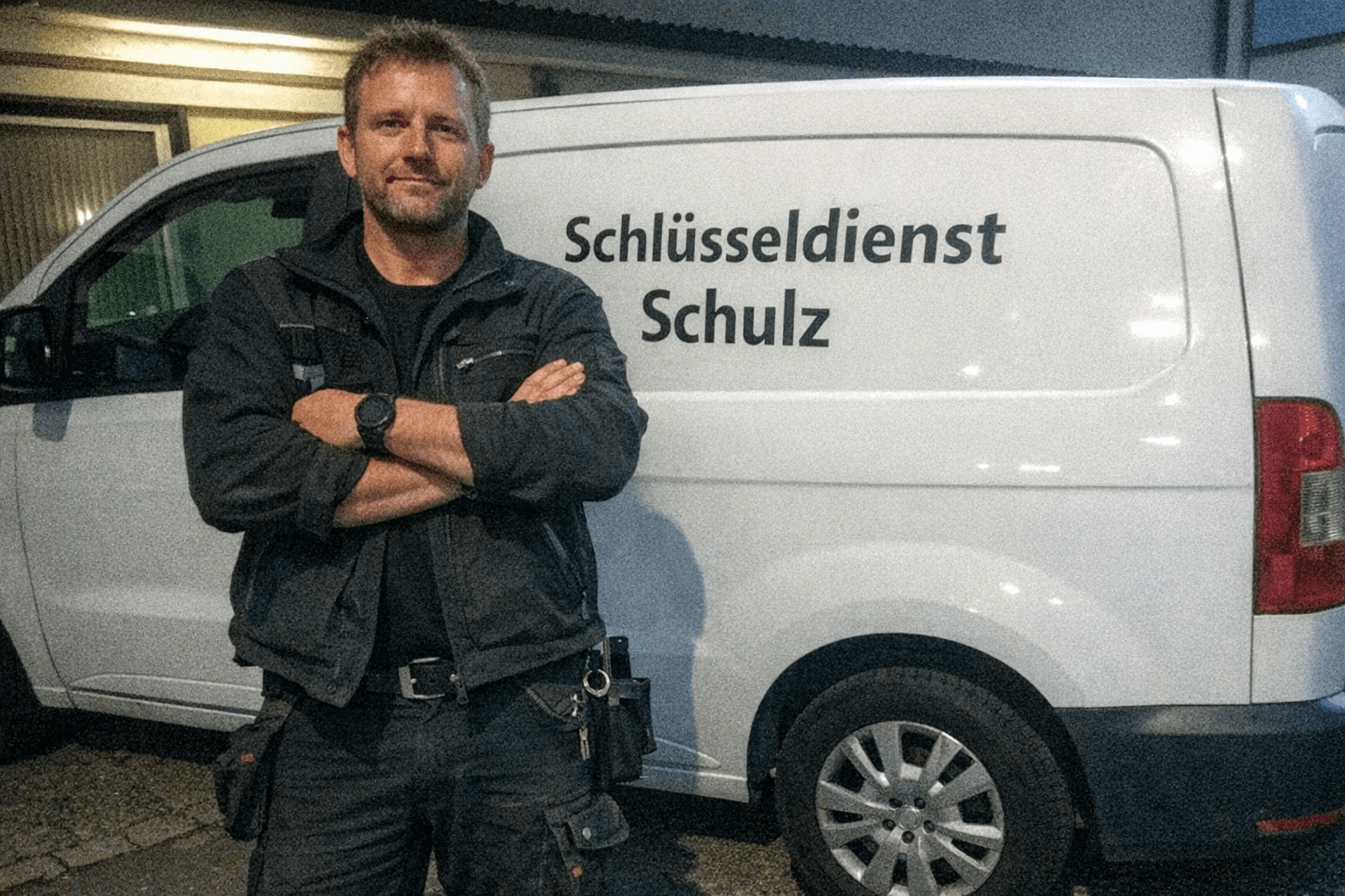 Ein erfahrener Techniker steht vor einem Servicefahrzeug in Langenfeld